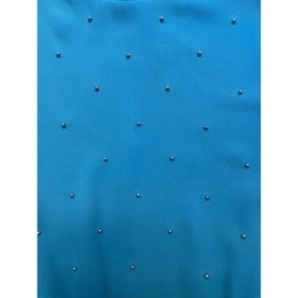 VTG 80s Balloon Long Sleeve Ruffle Midi Dress Blue Pearl Front Accent Women’s 10 - Picture 7 of 13